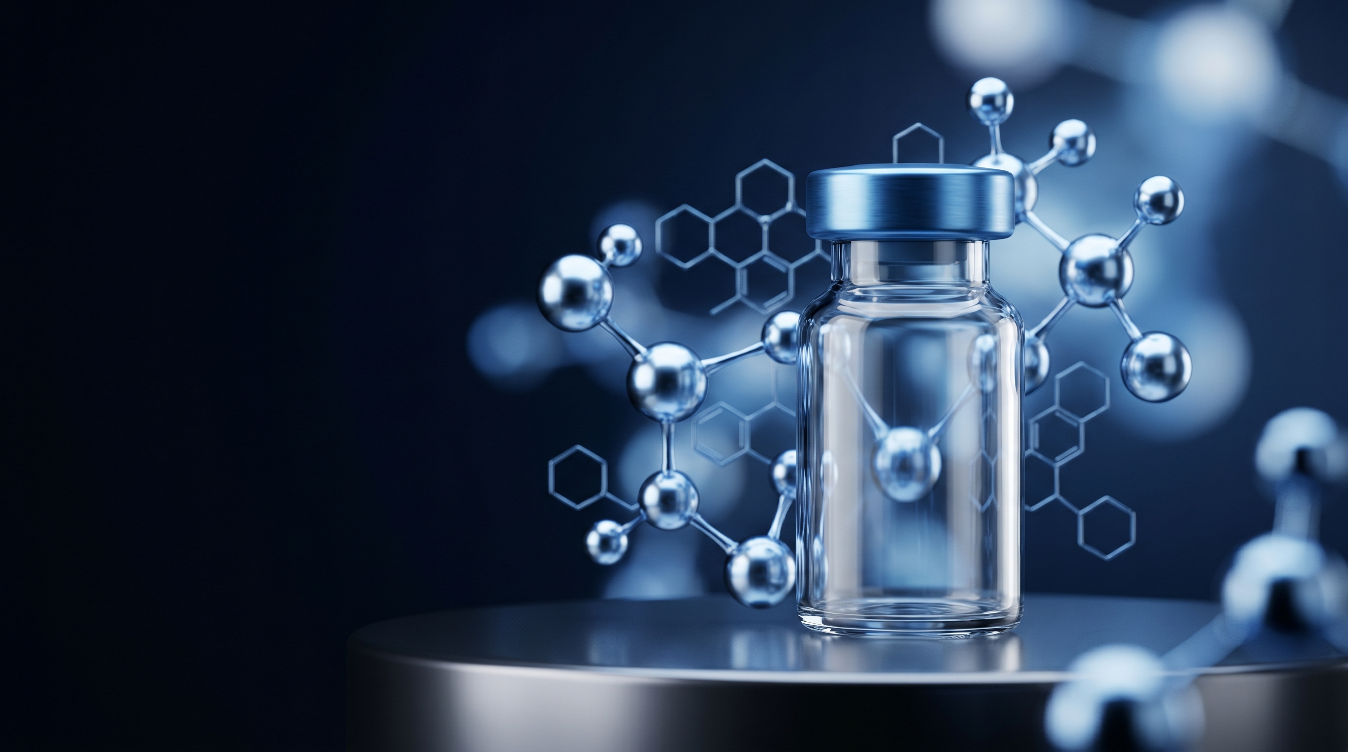 A glossy chrome-blue peptide vial surrounded by molecular structures